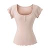 Korean niche design sense U-neck short-sleeved T-shirt for women, summer new button lace slim-fitting and thin top trendy