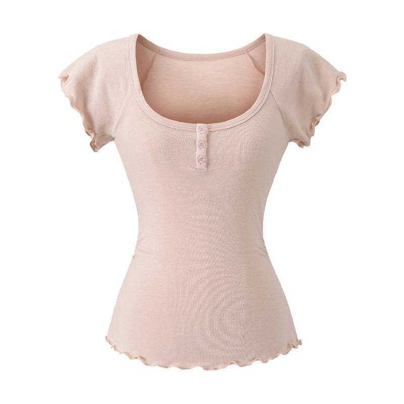 Korean niche design sense U-neck short-sleeved T-shirt for women, summer new button lace slim-fitting and thin top trendy