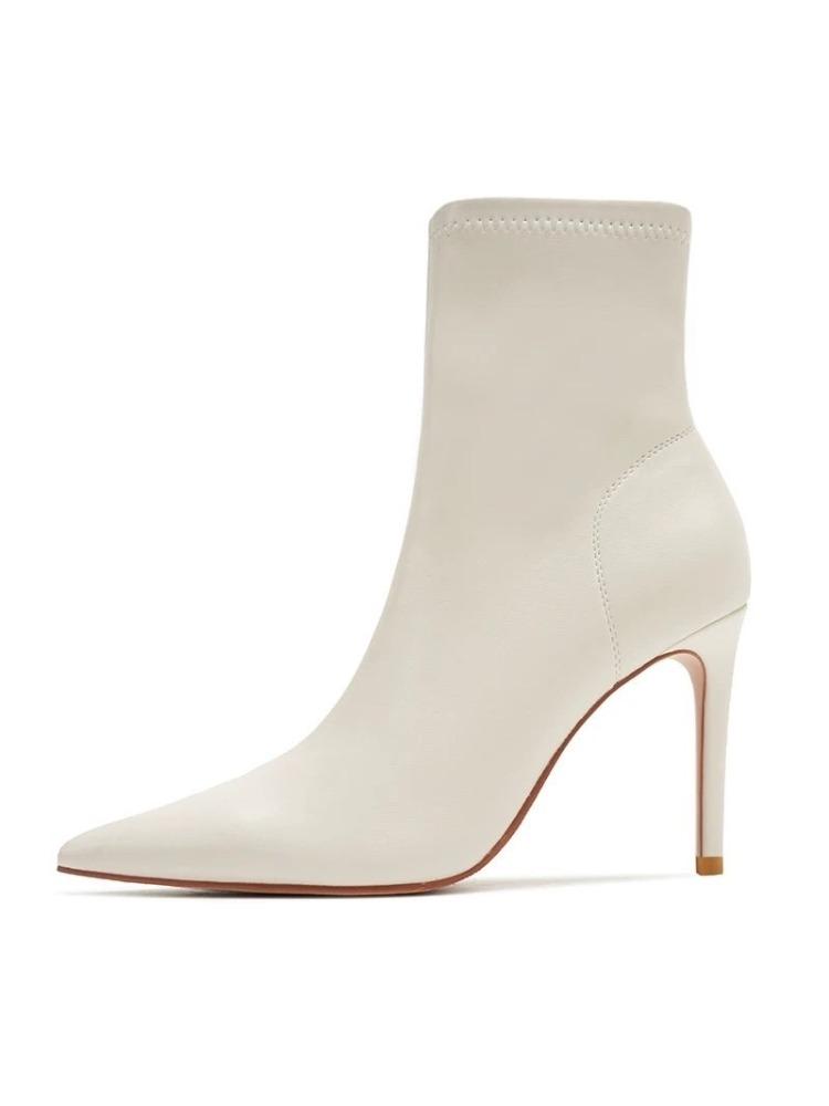 

Женские ботильоны с острым носком и высоким каблуком, новинка 2025 года, осень/зима, французский каблук-стилет, средней высоты голенище, эластичные облегающие сапоги 39 белый