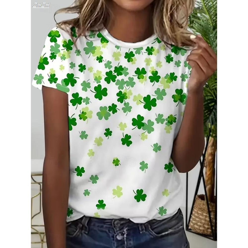 Lucky Women's T-shirt Flower Pattern Clover Retro Fashion Casual Short Sleeve Top Daily Printed Summer