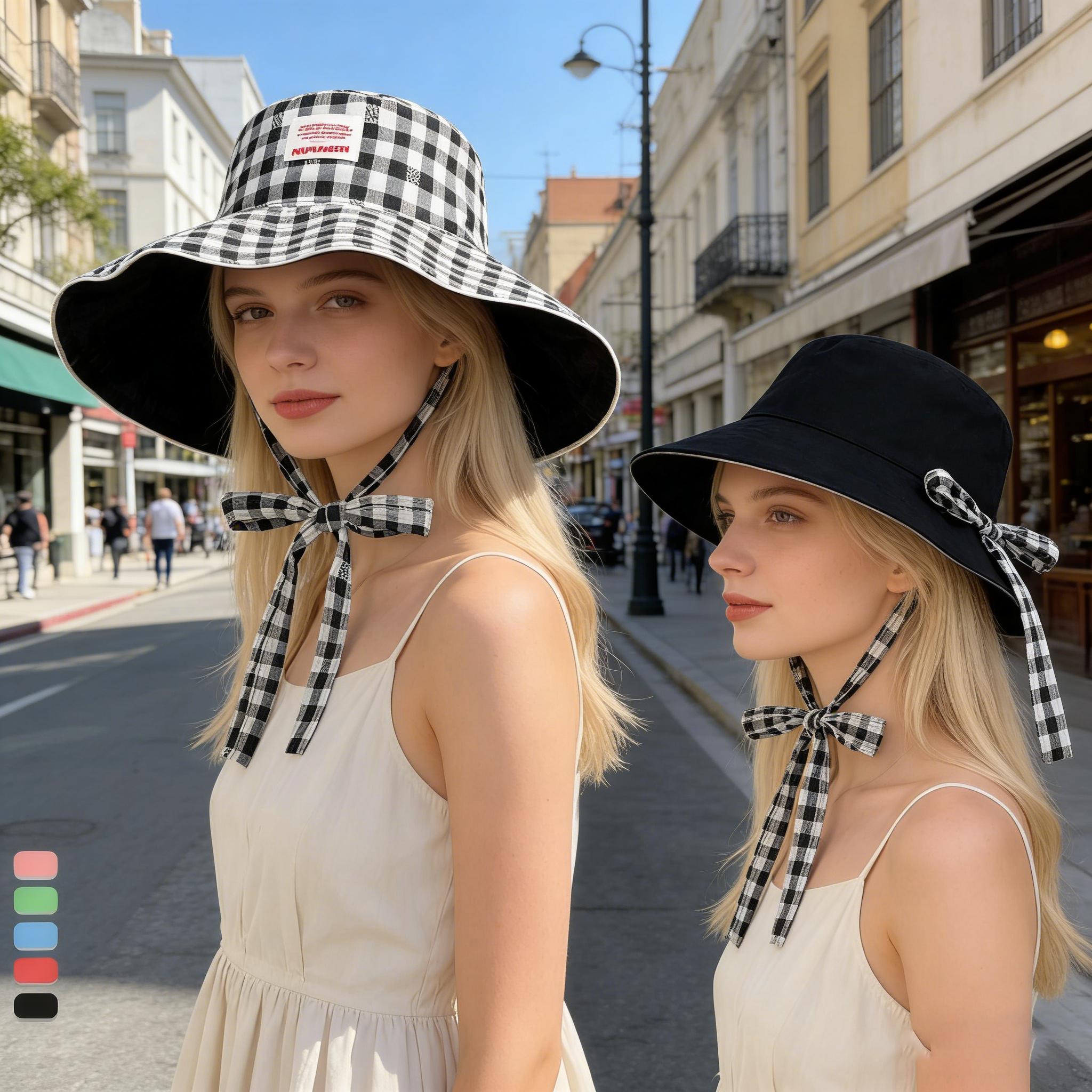 

Plaid Fisherman Hat Trendy Seaside Beach Sunshade Hat Double-sided Wearable Plaid Summer Sunscreen Hat One Size