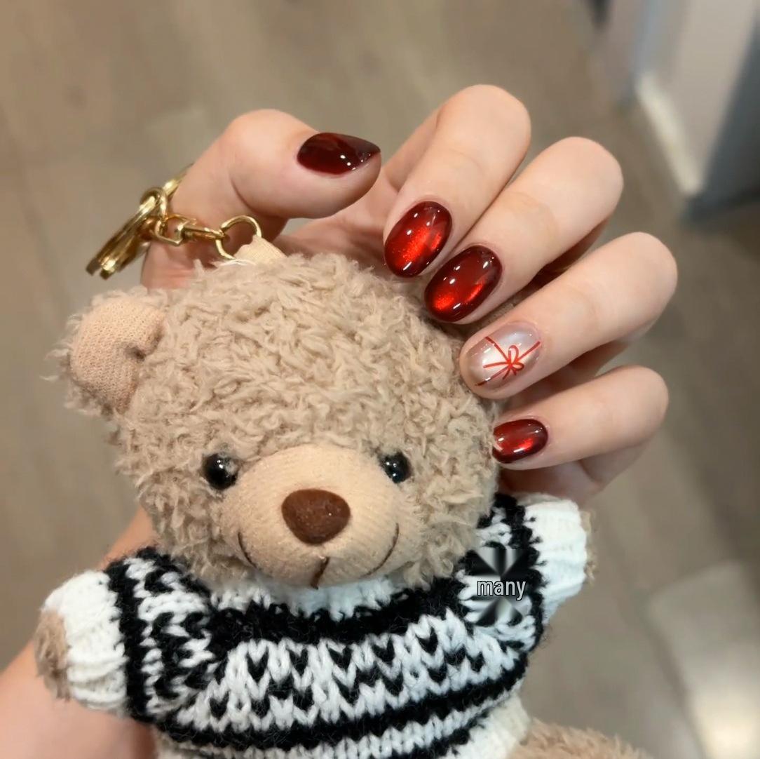 Red Cat Eye Handcrafted Luxury Festive Bow Nails L