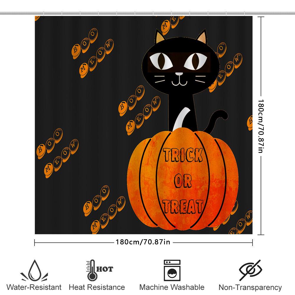 Halloween-Themed Black Cat Pumpkin Shower Curtain Set For Bathroom Decor Orange, White, Yellow Accents (No Additional Descriptio
