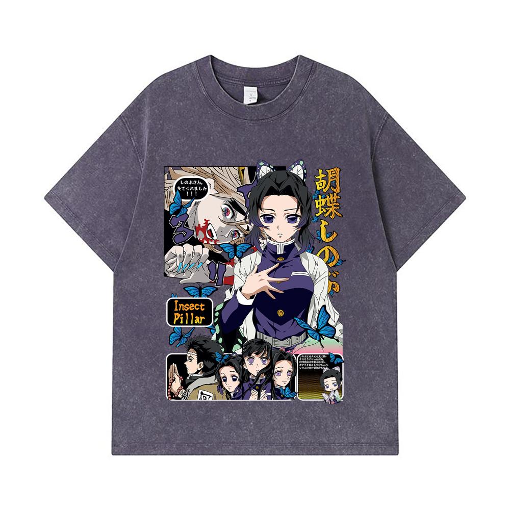 275 GSM Washed T-shirts 100% Cotton Demon Slayer V16 Shinobu Print Unisex Heavy Cotton T Shirt