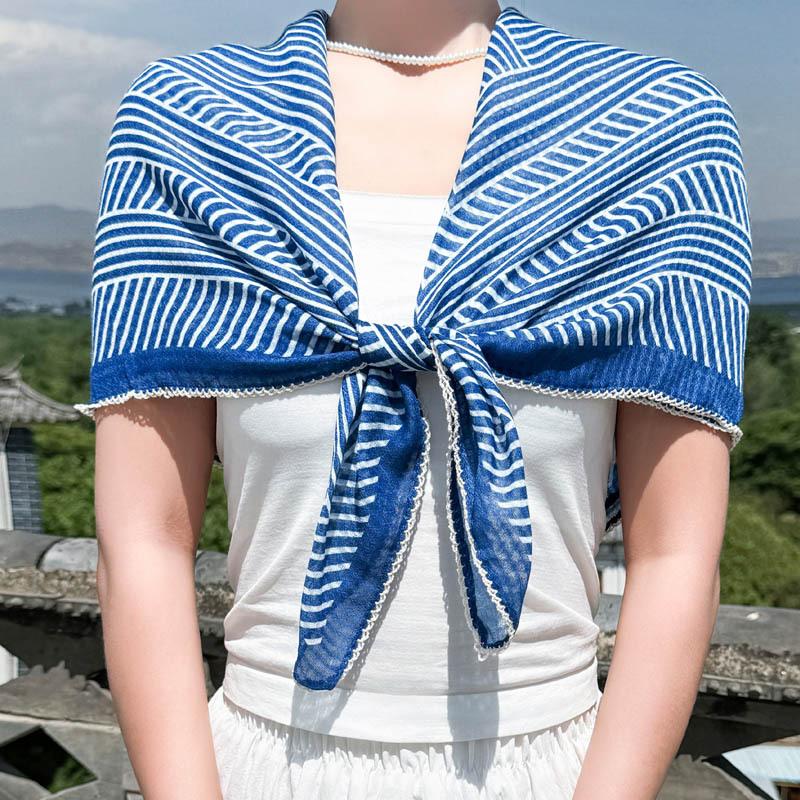 French striped 91 large square scarf cotton and linen silk scarf tube top women's belt summer seaside vacation headscarf sun protection shawl