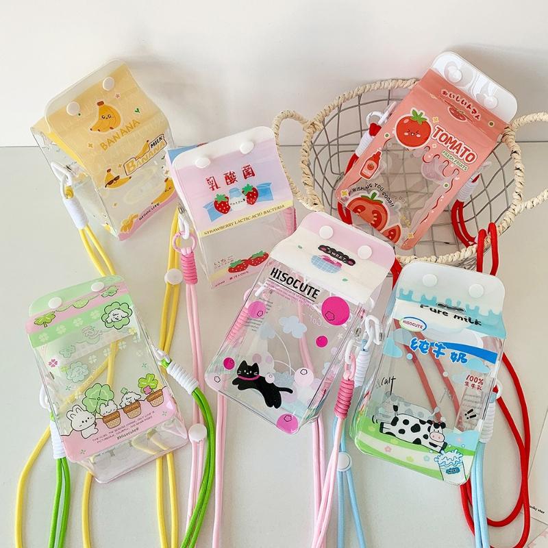 Cartoon Banana Milk PVC Storage Bags for 13cm Plush Doll Transparent Protective Case Cotton Doll Shoulder Pain Bag with Rope