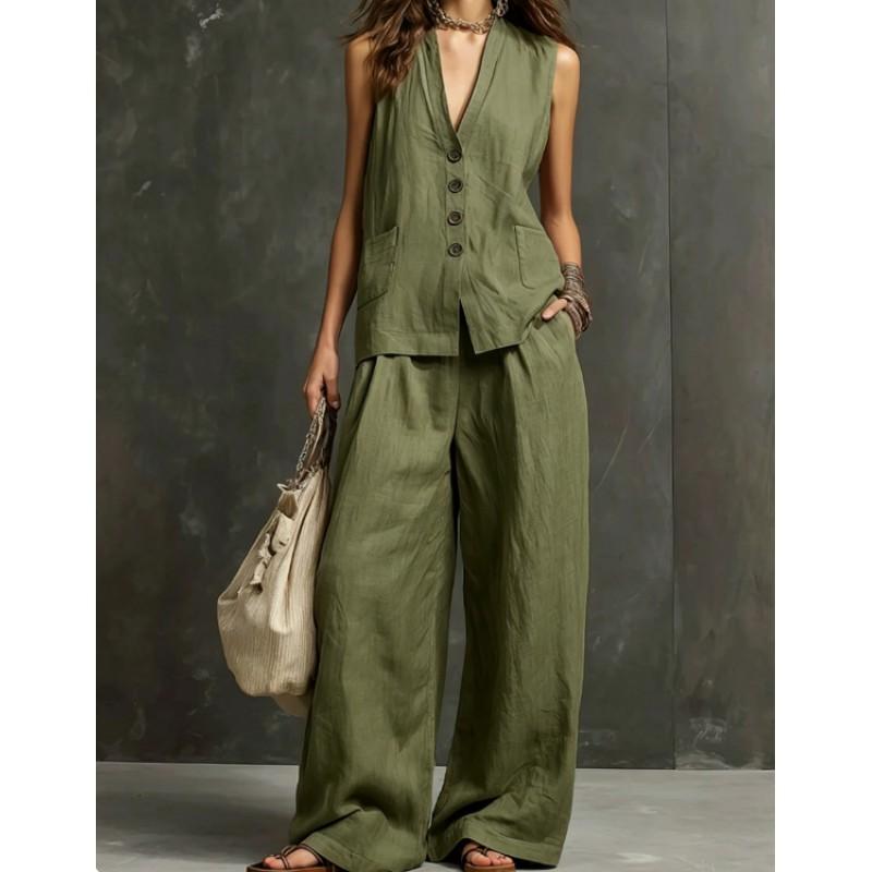 2026 Womens Linen Blend Sleeveless Vest Wide Leg Pants Set Casual Outfit In Solid Colors