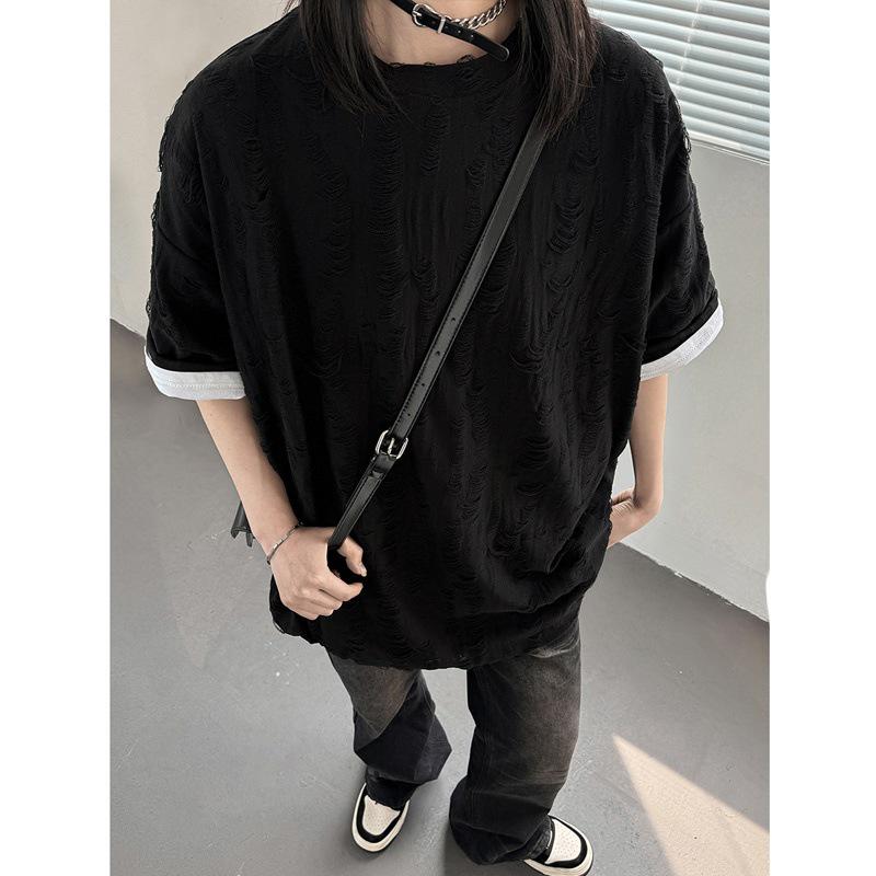 Wasteland-Style Niche Hollow-Out Ripped Men's Heavyweight T-Shirt with Small Neckline