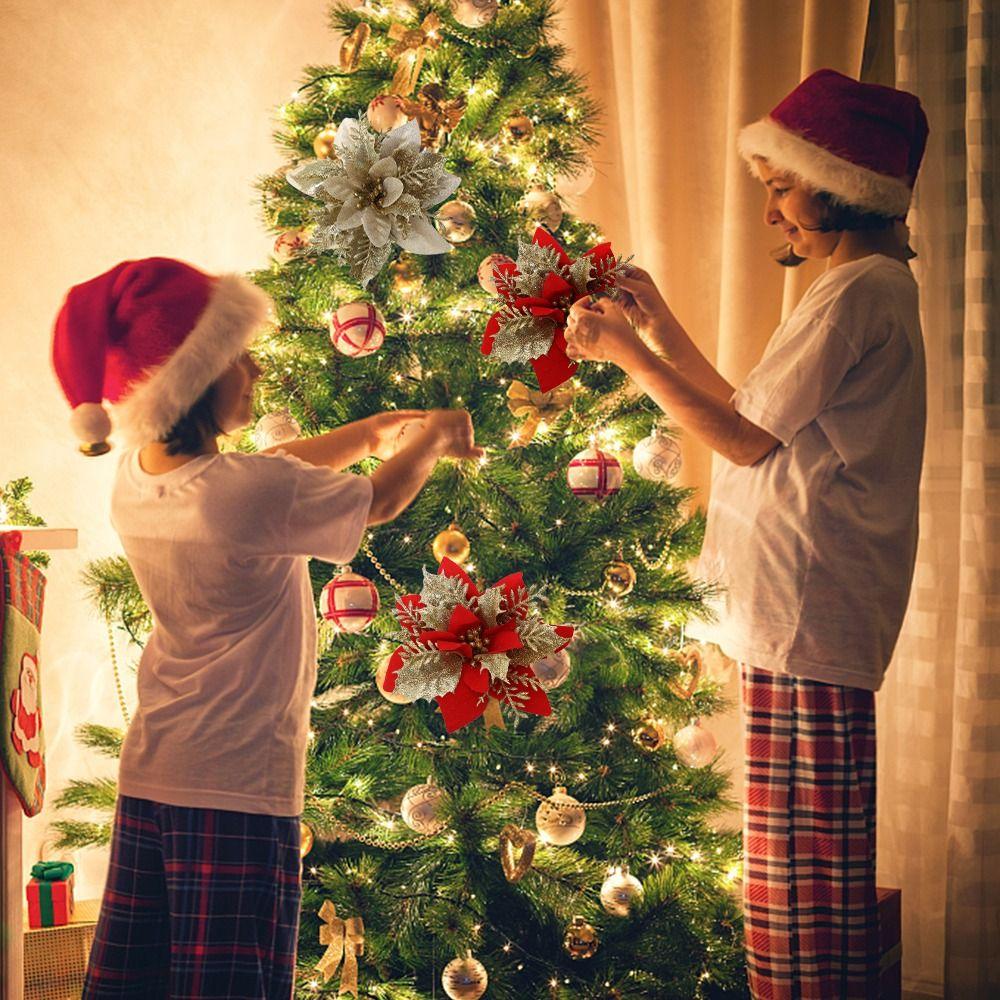 5pcs Shining Christmas Simulation Flower Fake Christmas Tree Decorations Gold Powder Flower  Friends