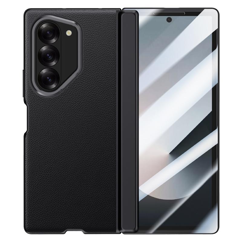 For Samsung Galaxy Z Fold 6 Case Shockproof Skin Feel PU Leather Hinge Folding Metal Lens Stand Cover with HD Tempered Glass