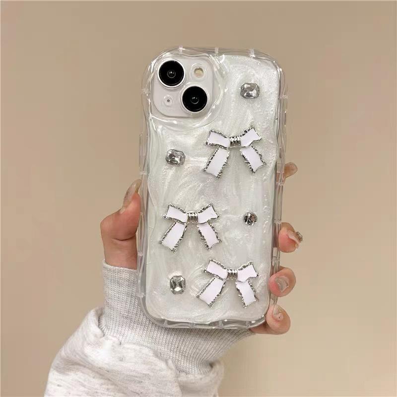 Cream Ins Style Glitter Mobile Phone Case for IPhone17Pro Rhinestone Bow for Apple 16 Anti-fall Female Model 15
