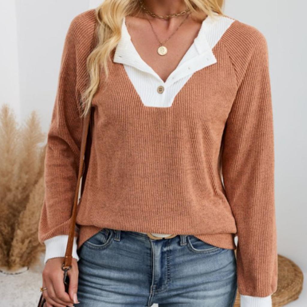 Ladies' Casual Fashion Contrasting Fake Two-piece Spliced Lapel Loose Long Sleeved Top