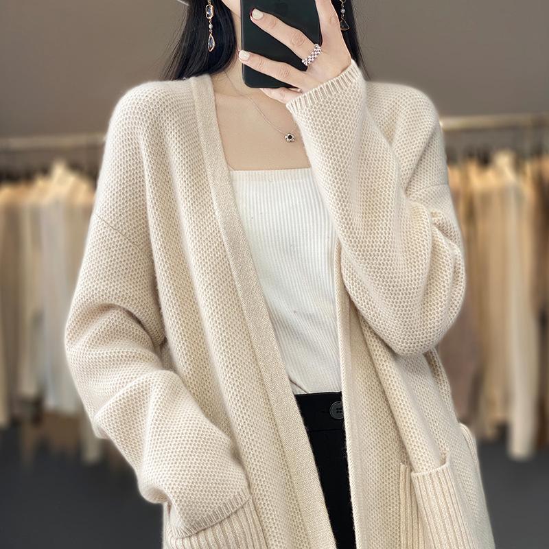 Autumn and winter high-end sweater cardigan jacket women's medium and long buckle-free lace-up loose lazy style versatile knitted jacket