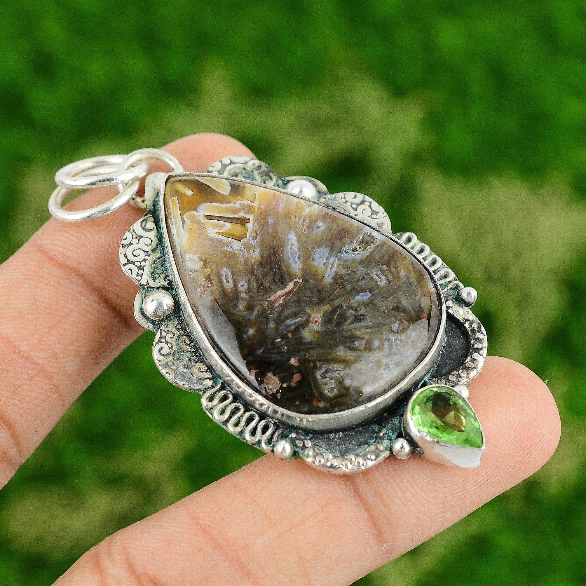 

Pear Stick Agate Stone Peridot Sterling Silver Bezel Daughter Engagement Pendant