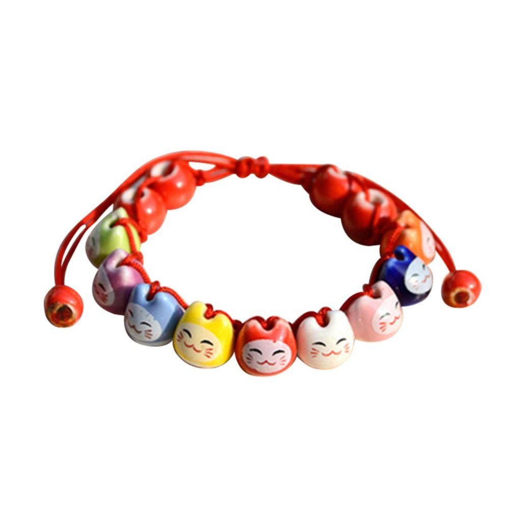 Handmade Cat Bead Bracelet Chinese Style Red String Hand Rope Ceramic Maneki Neko Bracelet Girls