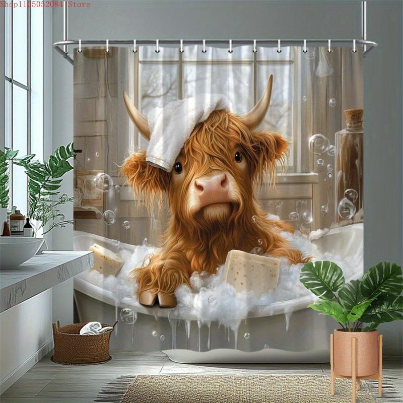 1pc Highland Cow In Bathtub Bath Curtain Cute Cow Towel Head -   With Hooks Waterproof Mildew Proof Easy Install Washable