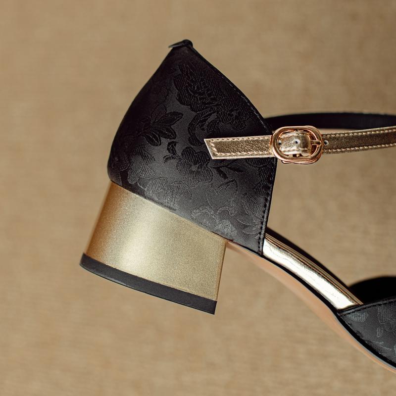 Fashion Women's New Square Headband with Genuine Leather Printed Cowhide Metal Fasteners, Large Headband with Middle Heel Muller Sandals