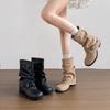 Western jeans tube short boots women's 2025 new autumn thick heel pleated pile boots retro British Martin boots