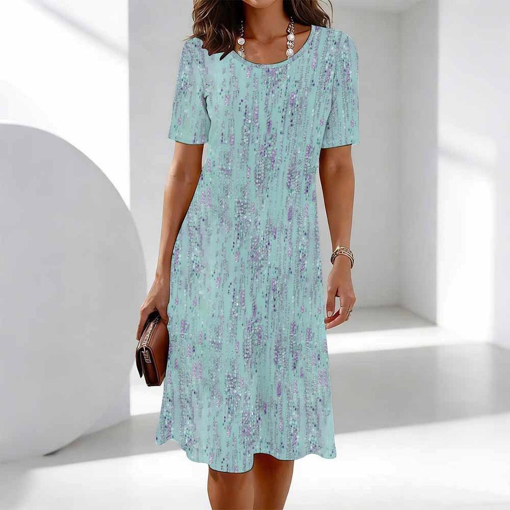 Women's Fashion Graceful Beautiful Flower Butterfly Print Summer Spring Short Sleeve O-Neck Casual Dresses