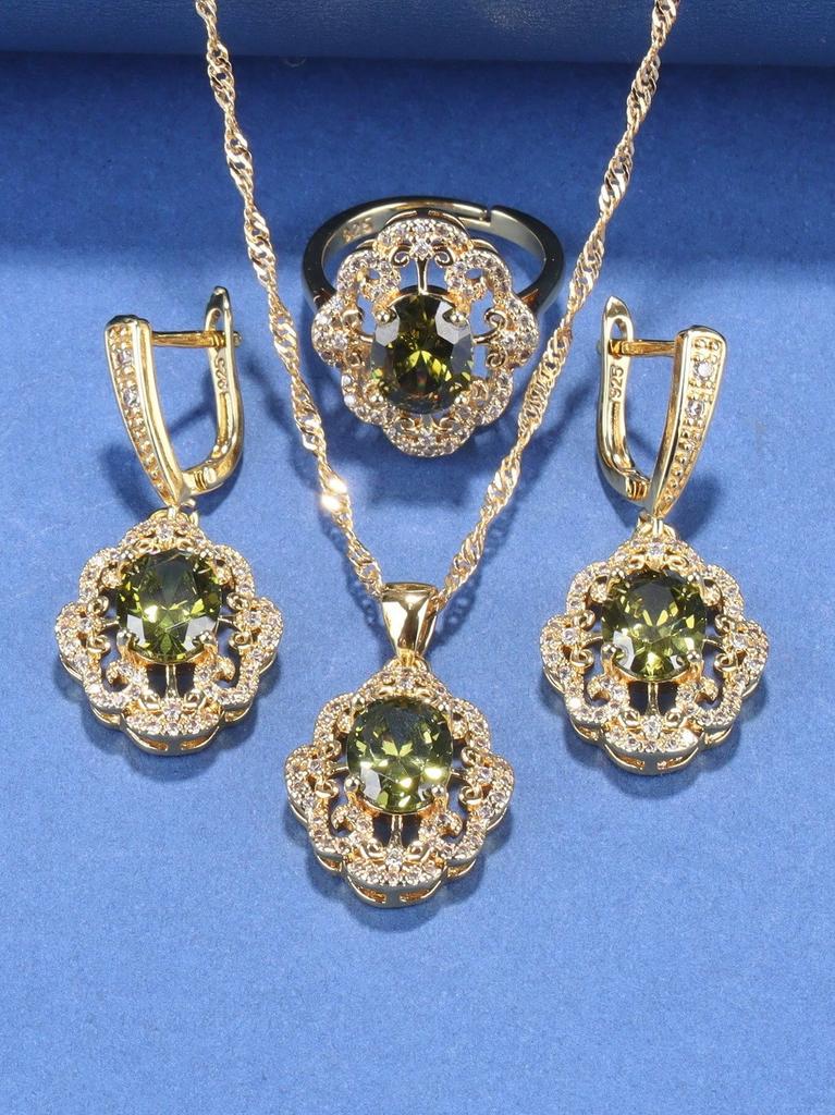 Vintage Olive Green CZ Crystal Jewelry Set 18K Gold Plated 4Pcs Necklace Bracelet Ring Earrings for Bridal Banquet Evening Party