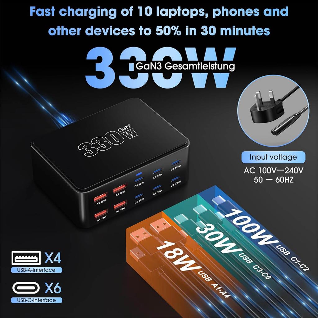 Universal 10 Port USB Chargers 330W Highly Speed QC3.0 Multiple Device Charging Hubs For Home Office Travel Use