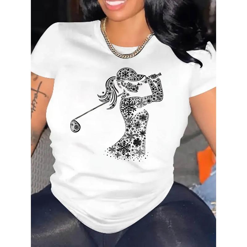 

Women s Snowflake & Golfer Graphic Print Tee Short Sleeve Round Neck Casual Golf Sports Top S белый