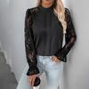 Tops Femininos Verão Temperamento Casual Renda Costurada Gola Redonda Manga Longa Camisola