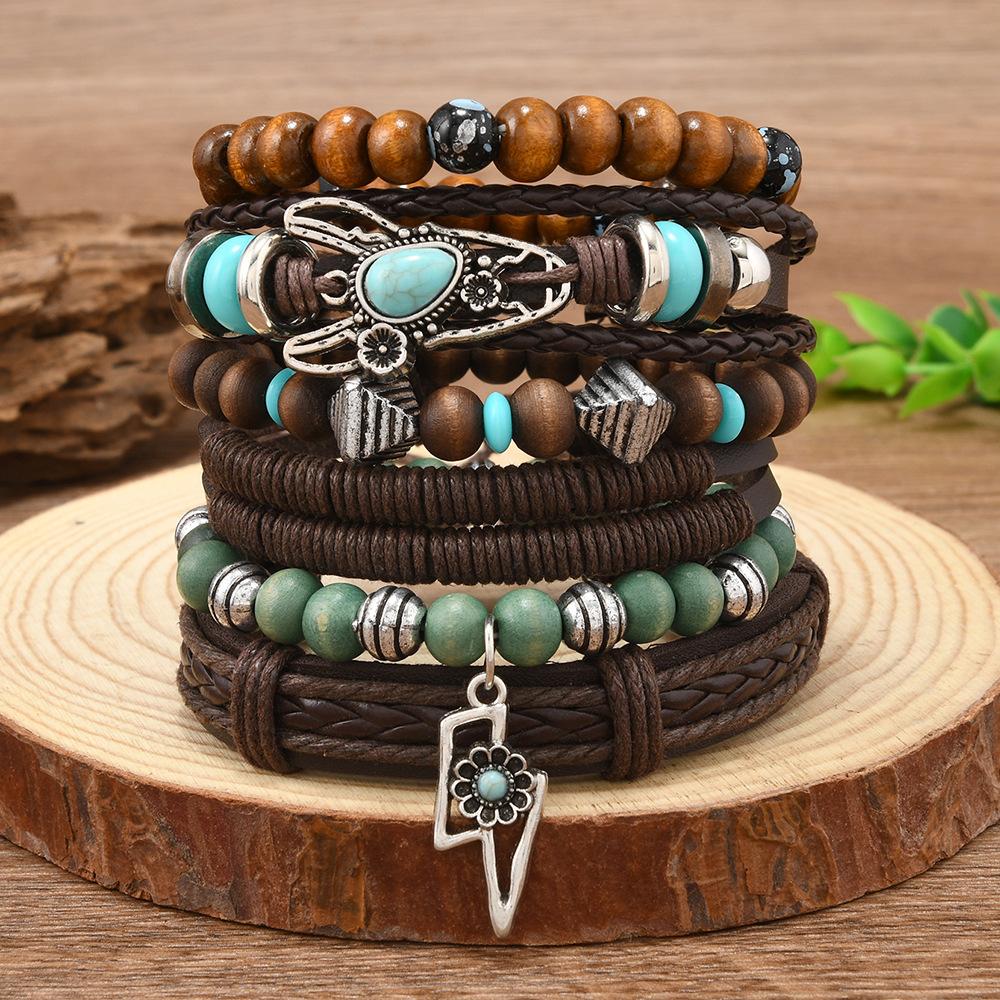 Leather Bracelets for Men Women Handmade Wrap Woven Cuff Bracelets Wooden Beaded Bracelets Vintage Ethnic Tribal Wristbands Bracelet Set Adjustable
