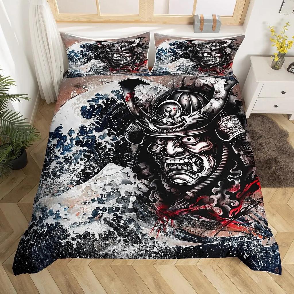 Japanese Samurai Bedding Set Full Size Cherry Blossoms Comforter Cover Red Sun Hokusai Duvet Cover Fuji Mountain Quilt Cover