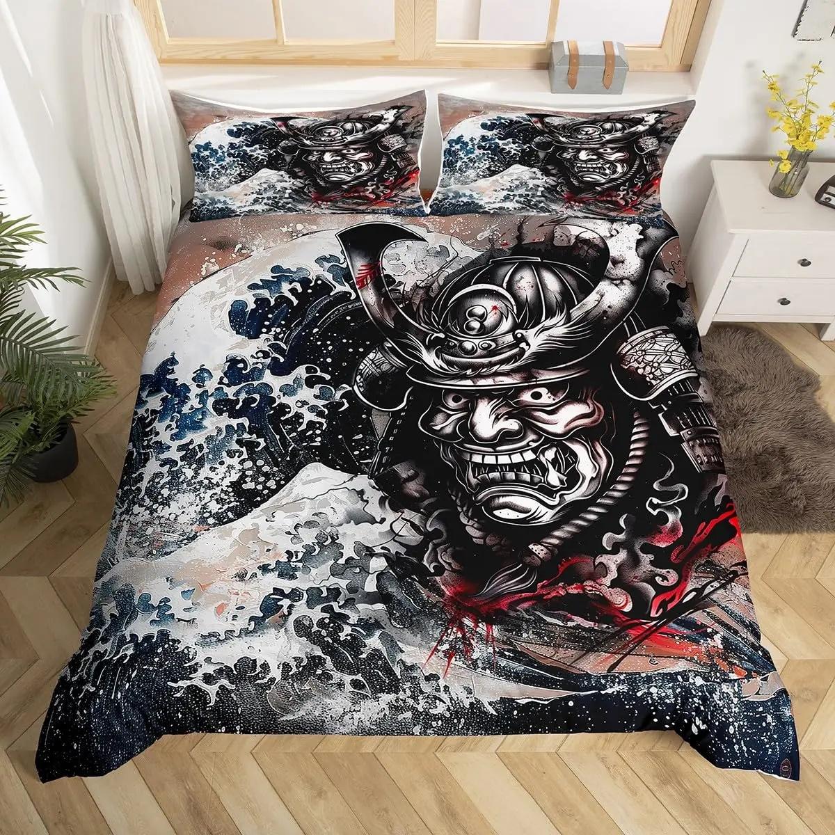 

New Japanese Samurai Beding Set Ful Sized Dimensions Chery Blosoms Warm Comforter Cover Red Sun Hokusai Soft Duvet Cover Fuji Mountain Comfortable 100*200cm Single