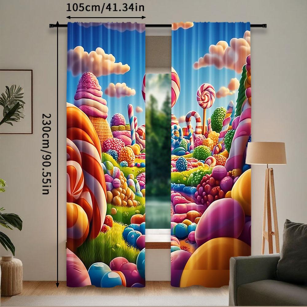 2Pcs Cartoon Candy Themed Curtain Colorful Window Drapes For Birthday Parties Decor Suitable For Bedroom Living Room A