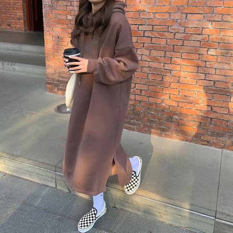 Women Dresses Loose Autumn Winter Long Woolen Skirt Over The Knee Hooded