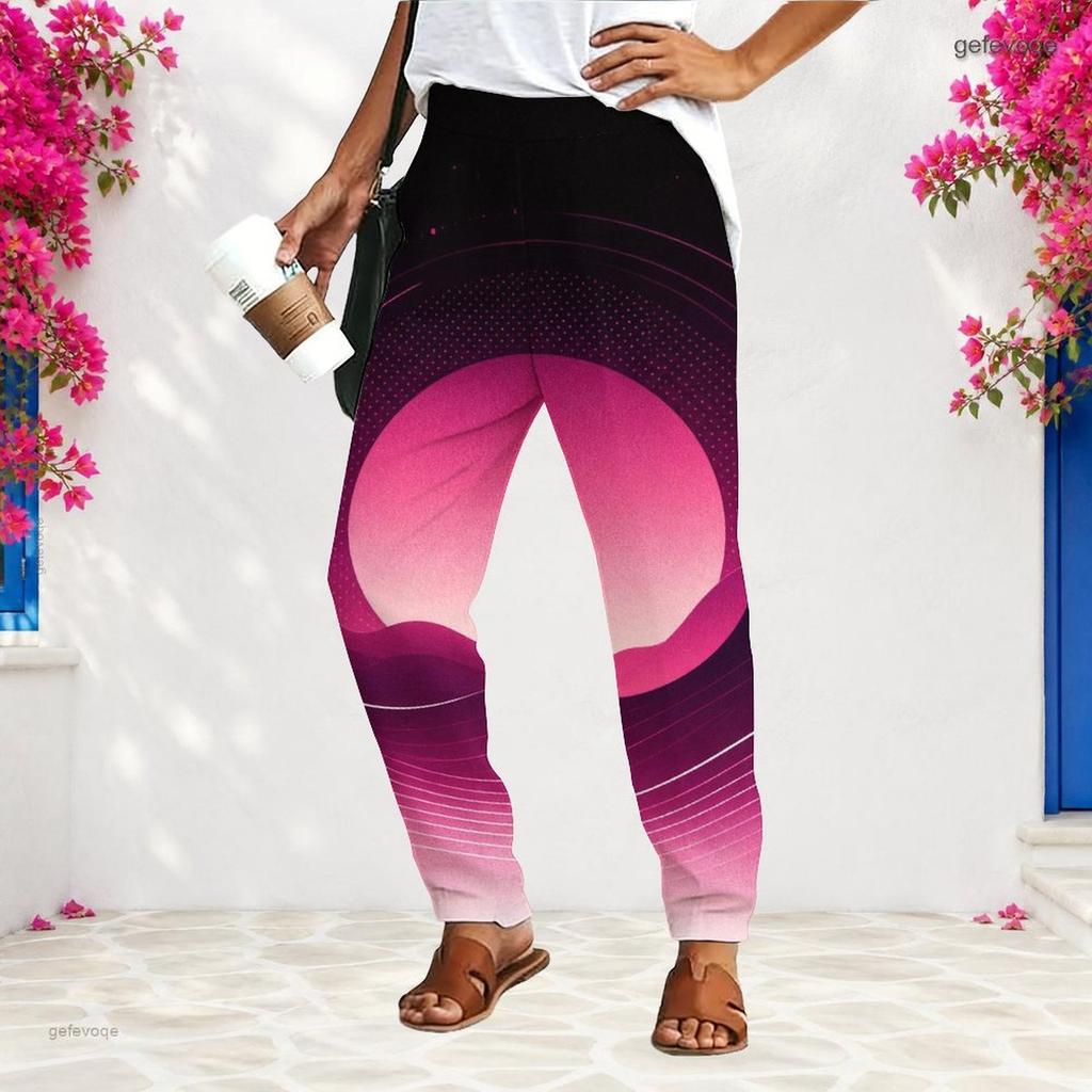 Women S Plus Size Loose Fit Printed Long Pants Black Pink Gradient With Pockets