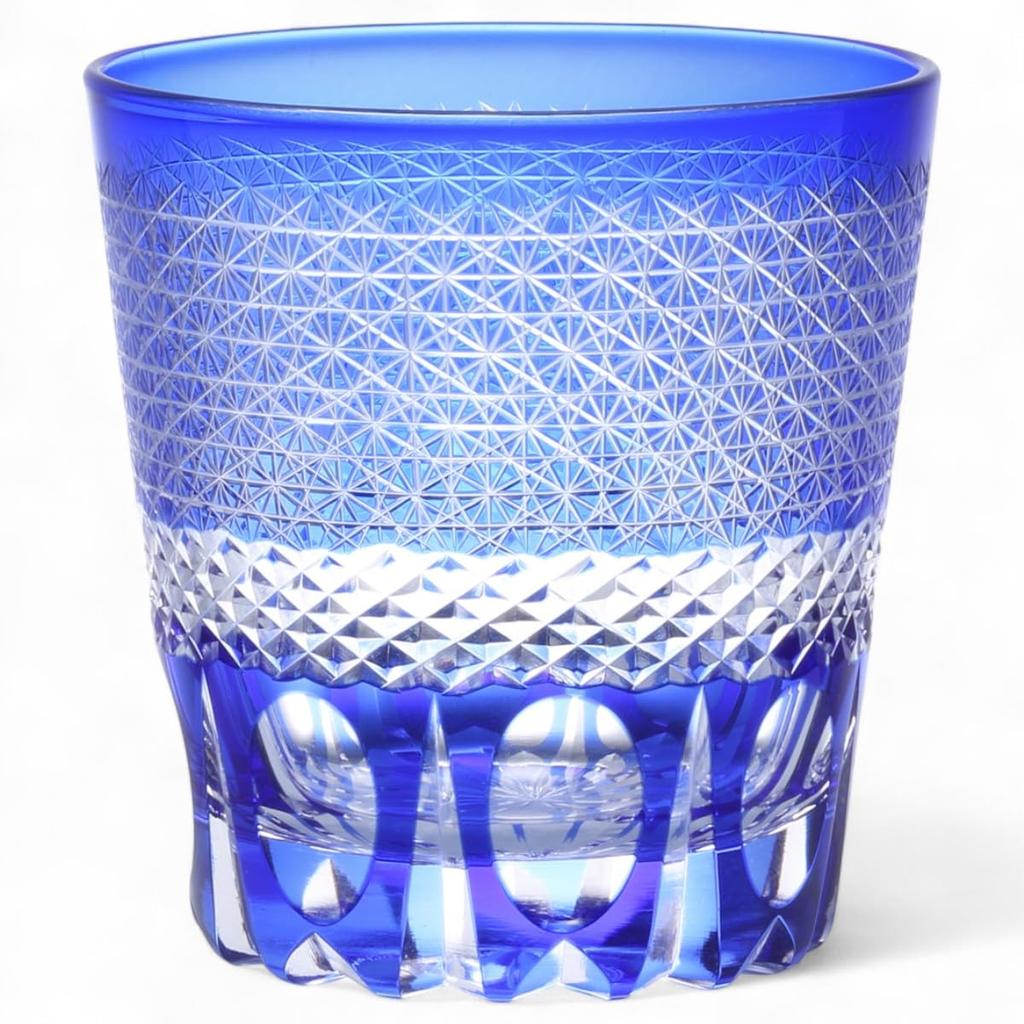 Mizukage Kiriko Glass Blue Sashiko Design with Bottom Bisho Current Model J-kitchens Cup, 85xH90mm, 260cc, Carving,