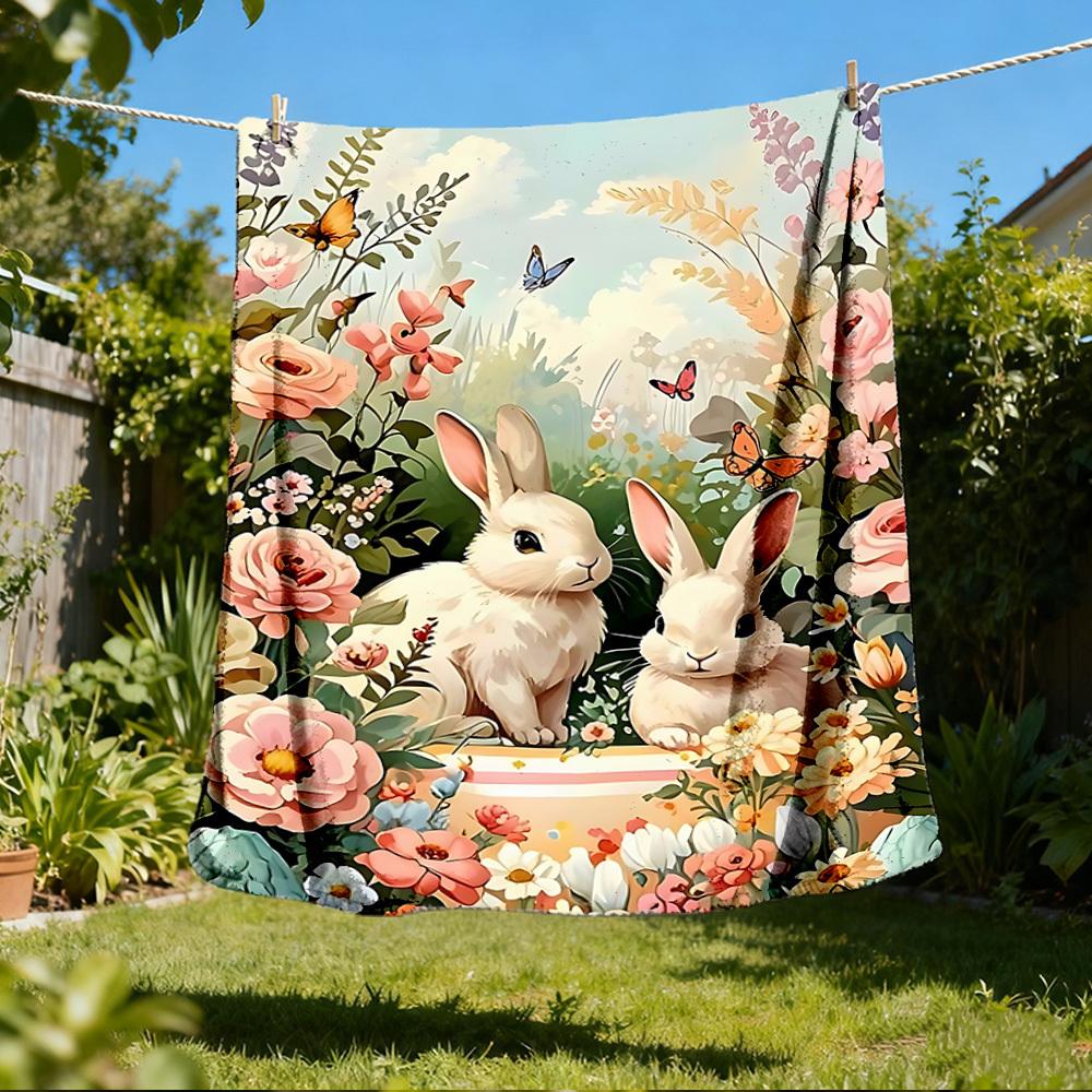 1pc Easter Bunnies Outdoor Blanket - Soft Flannel Cozy for Travel & Camping - All-Season Warm Bed Cover, Machine Washable yy251229064