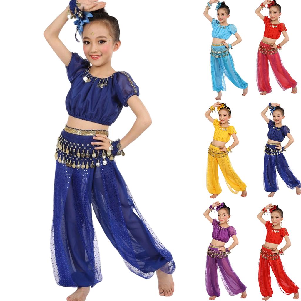 Children's Dance Costume Set Indian Style Belly Dance Outfit for Girls Includes Top Pants and Waist Chain Suitable for Performance and Practice