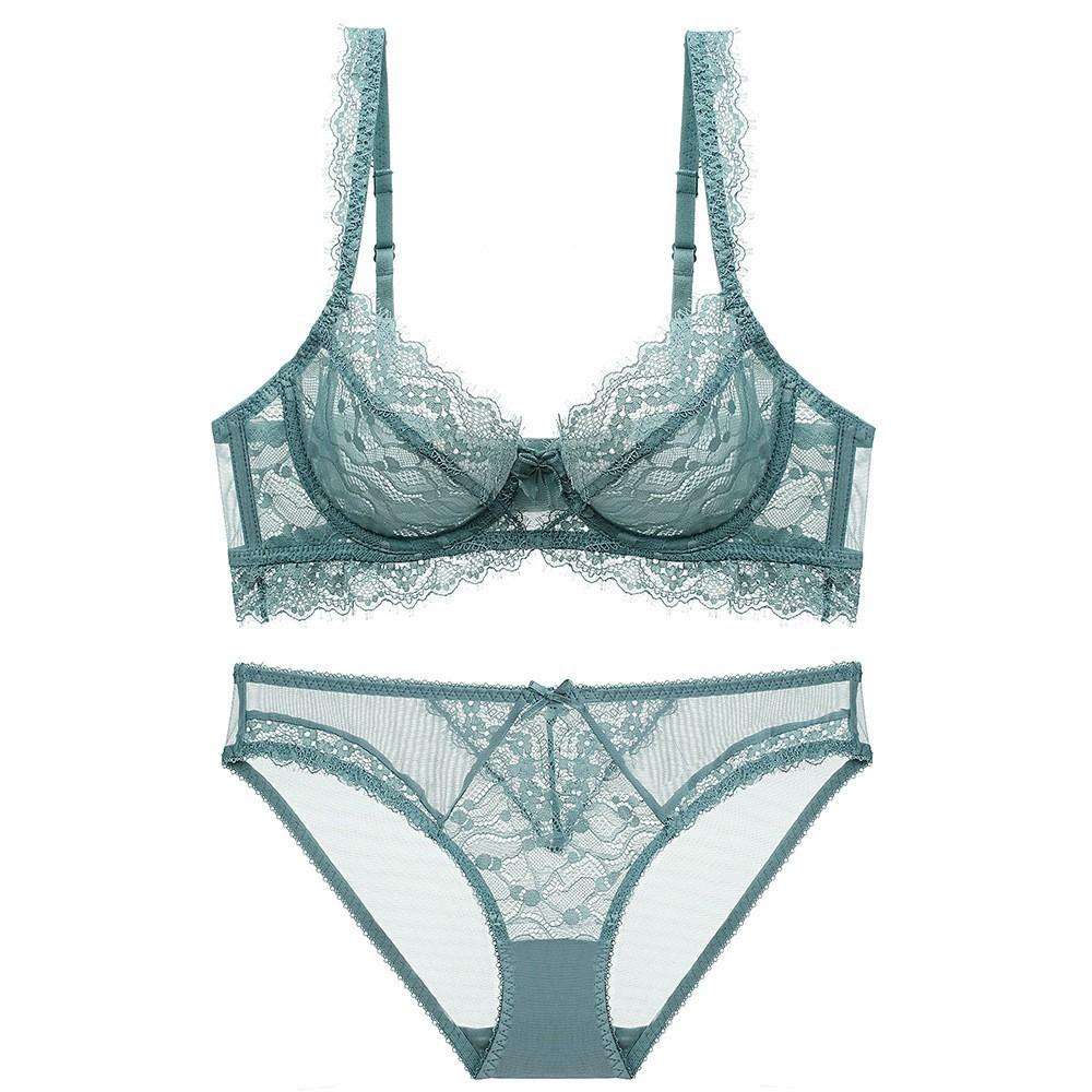 European and American sexy large-size underwear women's French ultra-thin transparent lace bra big chest small anti-sagging underwear set