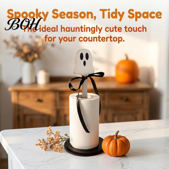 Country Style Home Accents Halloween Paper Towel Roll Holder, Ghost/Pumpkin/Witch's Hat/Bat Decor, Durable Festive Gift Wood Standing Reel for Kitchen