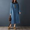 DIMANAF Plus Size Women Denim Dress Cottton Loose Casual Basic Dresses Maxi Long Sleeve Shirt Dress Blue