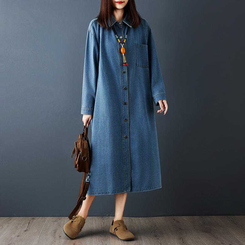 

DIMANAF Женское джинсовое платье больших размеров, хлопковое, свободное, повседневное, базовое, платья макси, с длинным рукавом, платье-рубашка, синее 2XL светло-синий