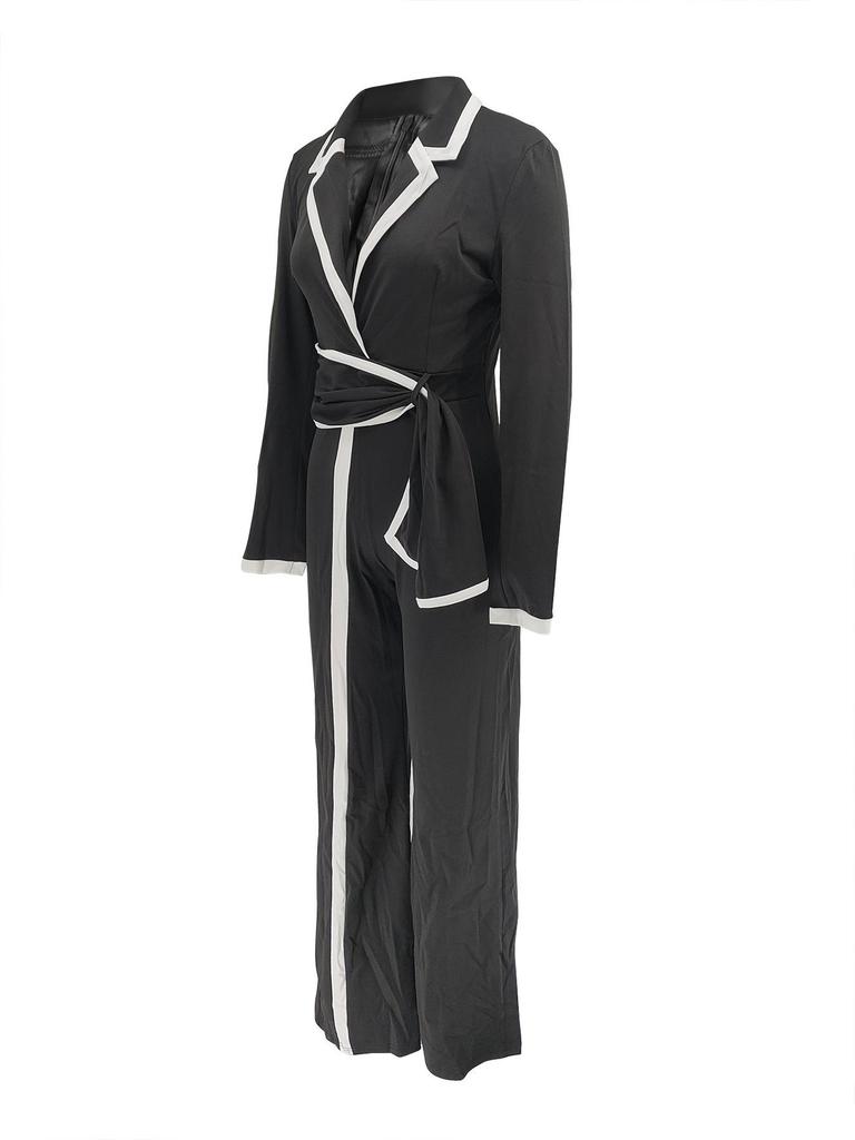 Europäischer & Amerikanischer Mode-Jumpsuit mit Gürtel, Patchwork, Langarm, Herbst/Winter-Stil
