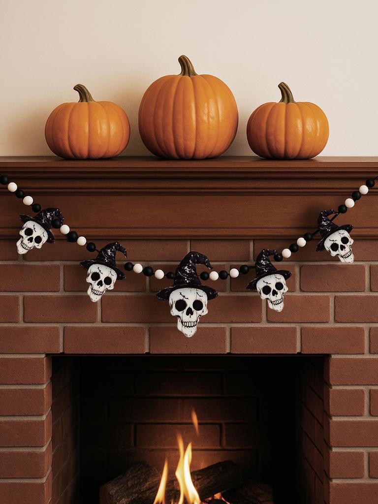 Halloween Skull Garland with Witch Hat - Black & White Beaded Hanging Ornament Living Room Wall Decoration for Fireplace & Party