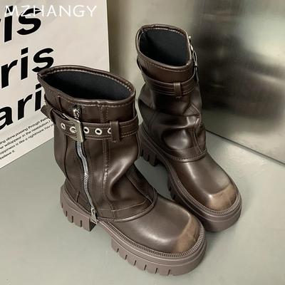 Leather Women Platform Boots Flats Designer Winter Shoes Woman 2024 Trend Zip Chelsea Boots New Mujer Fashion Motorcycle Boots
