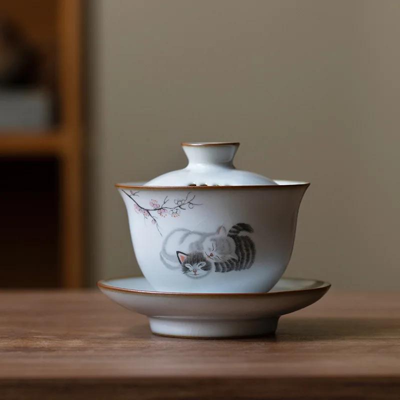 Chinese Ru Kiln Ceramic Gaiwan Cute Cat Pattern Filter Teacup Travel Portable Handmade Tea Bowl Home Tea Set Drinkware 150ml