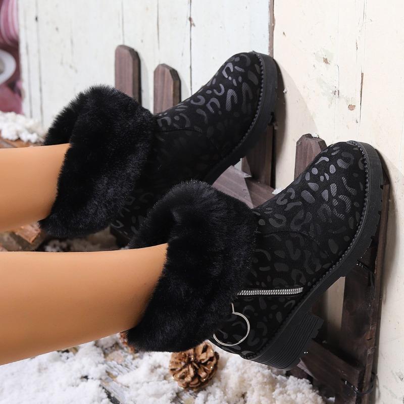 Leopard Suede Block Heel Cotton Boots Winter New Round Toe Side Zipper Platform Anti-Slip Wear-Resistant Booties