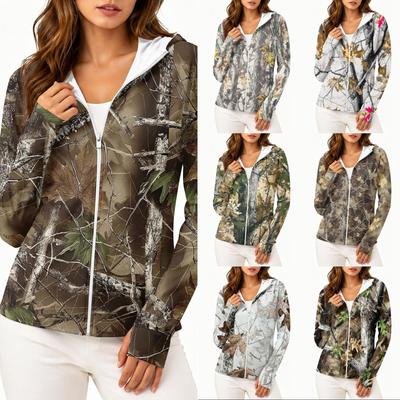 Leichte Kapuzenjacke mit Reißverschluss für Damen, mit langen Ärmeln, Taschen und Camouflage-Print, Sonnenschutz-Oberbekleidung