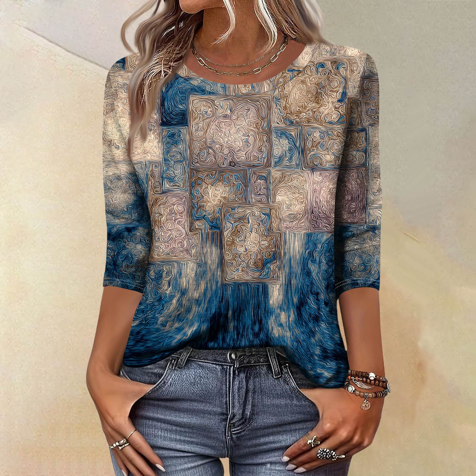 

Модный винтажный топ с рукавом три четверти для женщин, женская повседневная блузка-футболка с круглым вырезом и принтом L синий