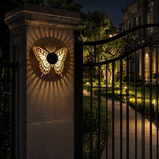 Solar Wall Light, Metal Butterfly Solar Light, Butterfly Pattern Projection Lamp, Outdoor Waterproof Fence Light for Yard Patio Garden Backyard Post