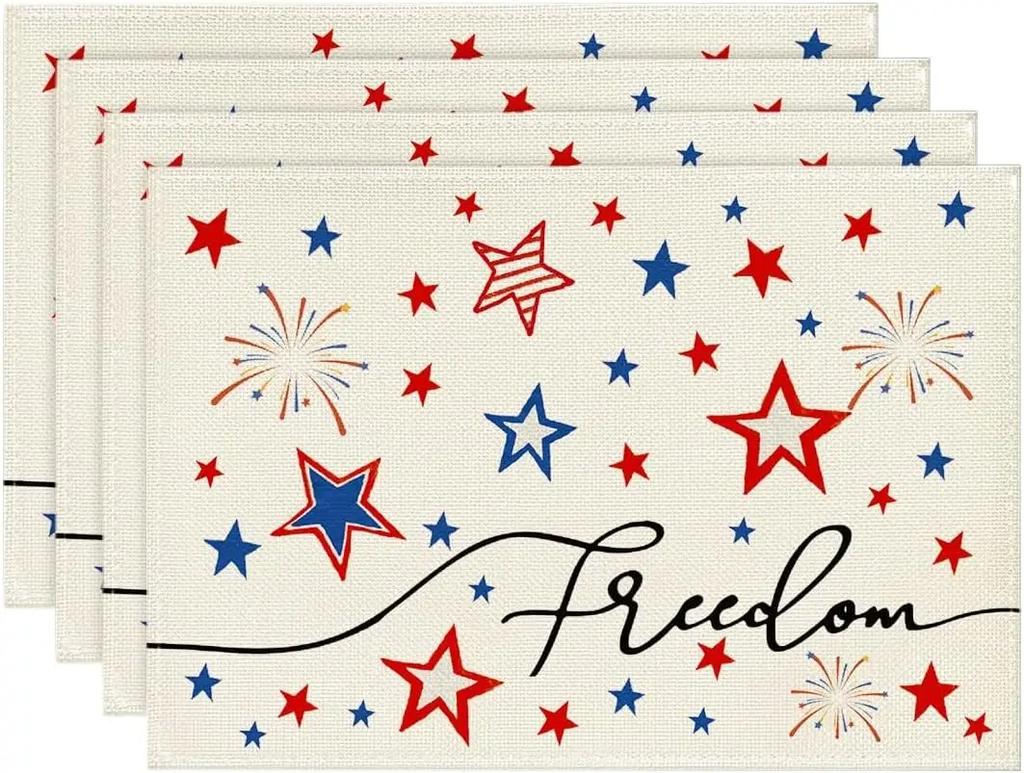 4PC Patriotic Freedom Stars 4th of July Placemats for Dining Table, Memorial Day Decoration Washable Table Mats