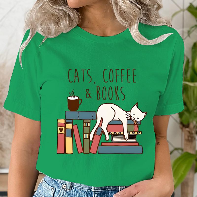 Cats Coffee Books Women Cute Bookworm TShirts Funny Book Lover T Shirt Vintage Reading Graphic Tees Female Bookish Tops Tshirt